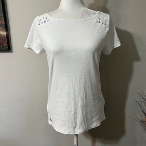 Lauren Ralph Lauren White Short Sleeve T-Shirt Top W/ Shoulder Lacing Sz M New
